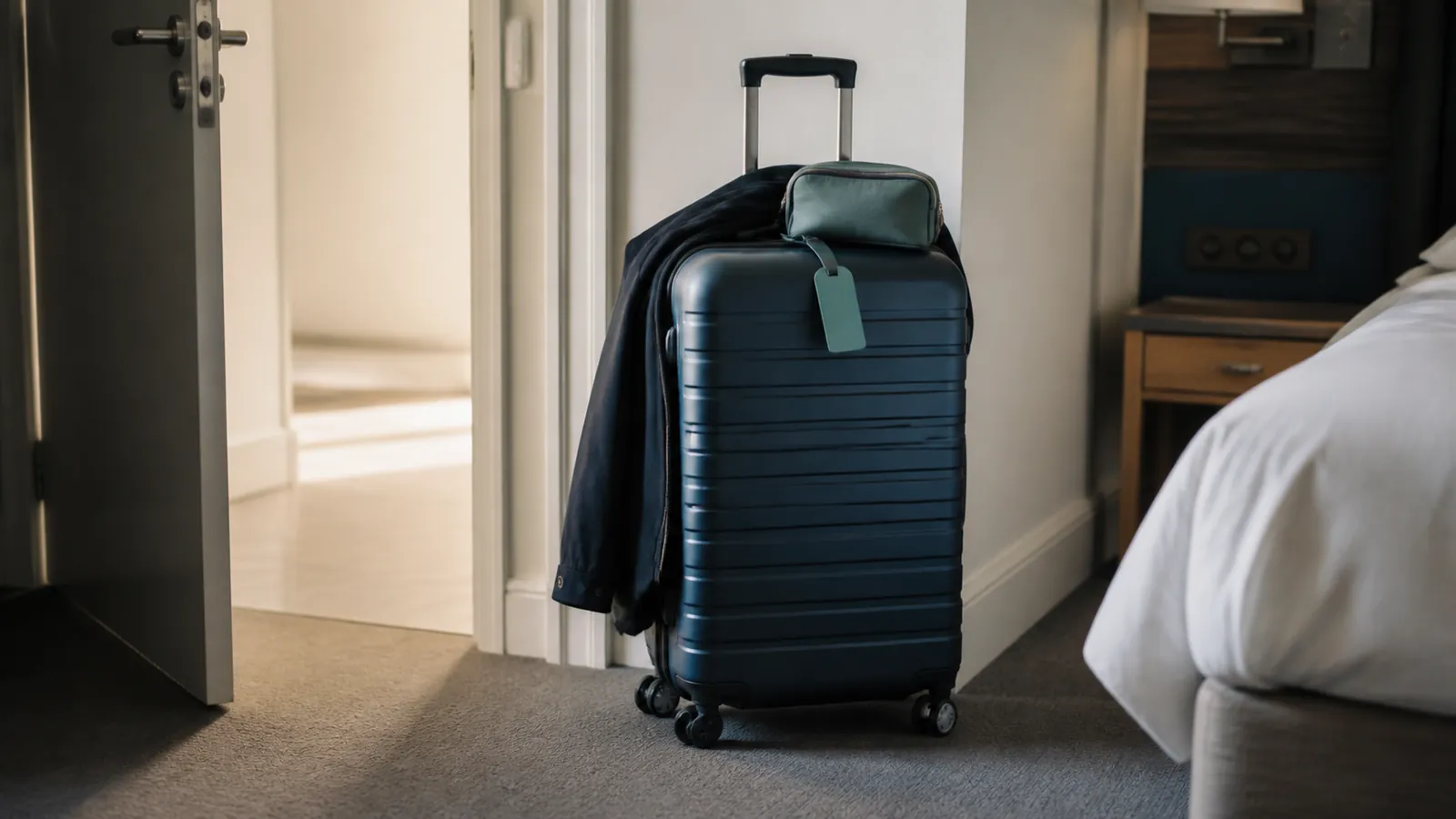 Gepackter Koffer im Hotelzimmer oder Hausflur