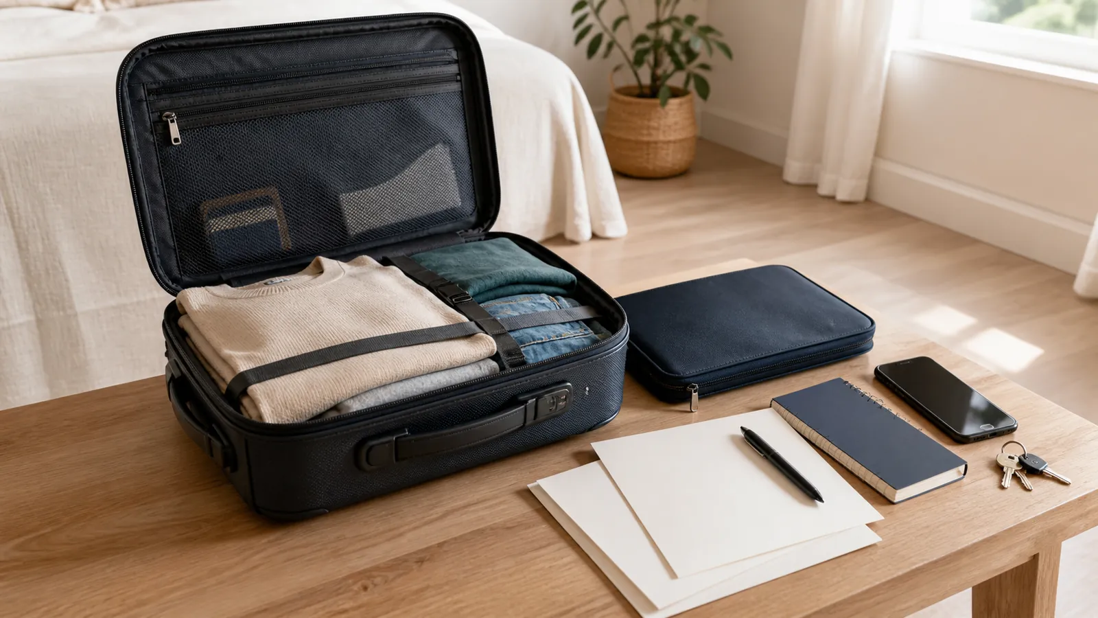 Gepackter Koffer mit Unterlagen, Notizbuch und Schlüsseln