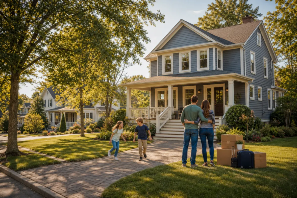 Familie vor ihrem neuen Haus in einer amerikanischen Vorstadt