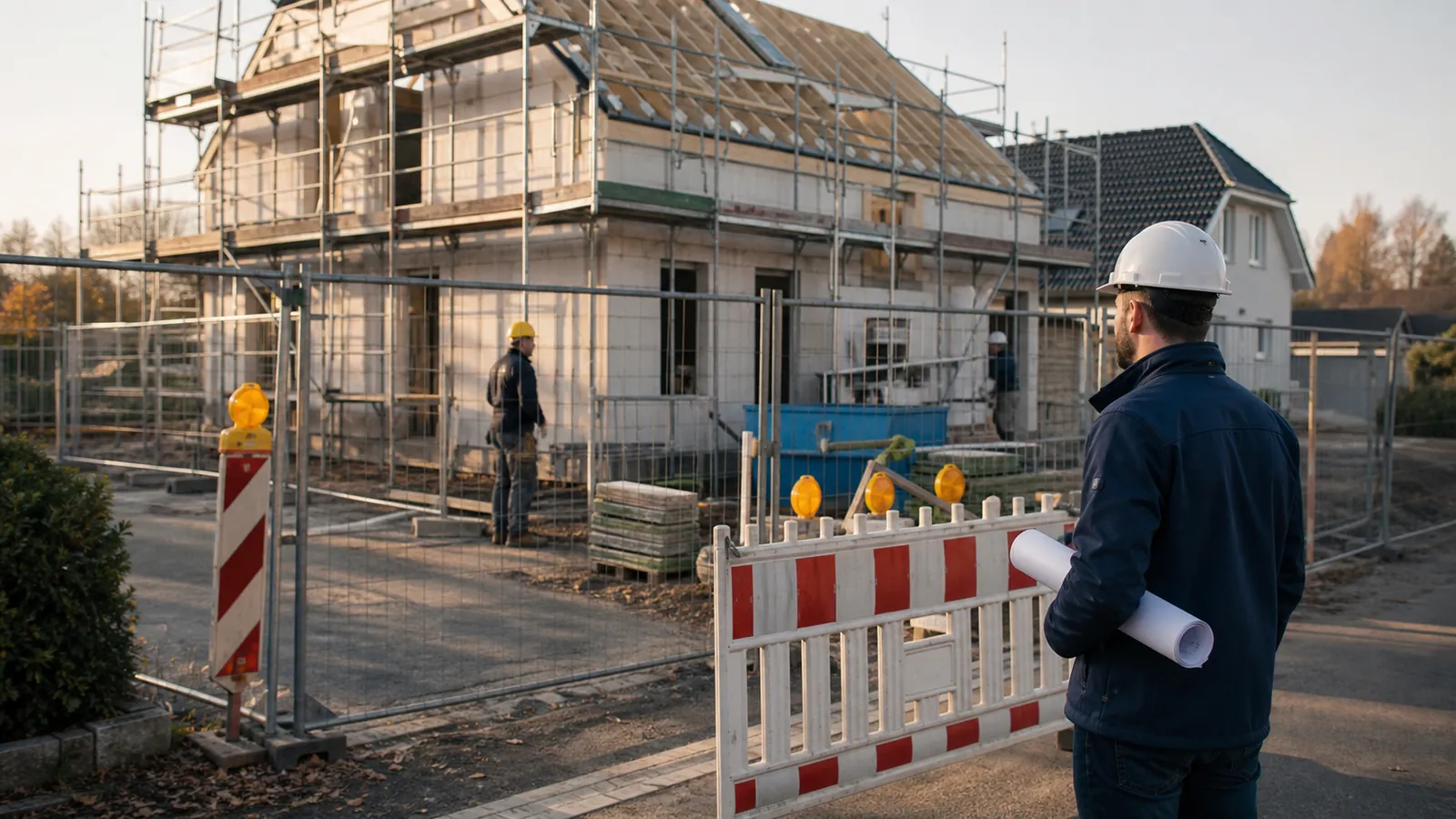 Baustelle mit Absperrung, Rohbau im Hintergrund