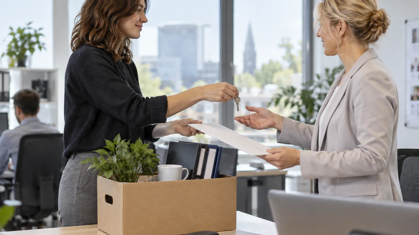 Übergabe von Schlüssel und Unterlagen im Büro beim Jobwechsel