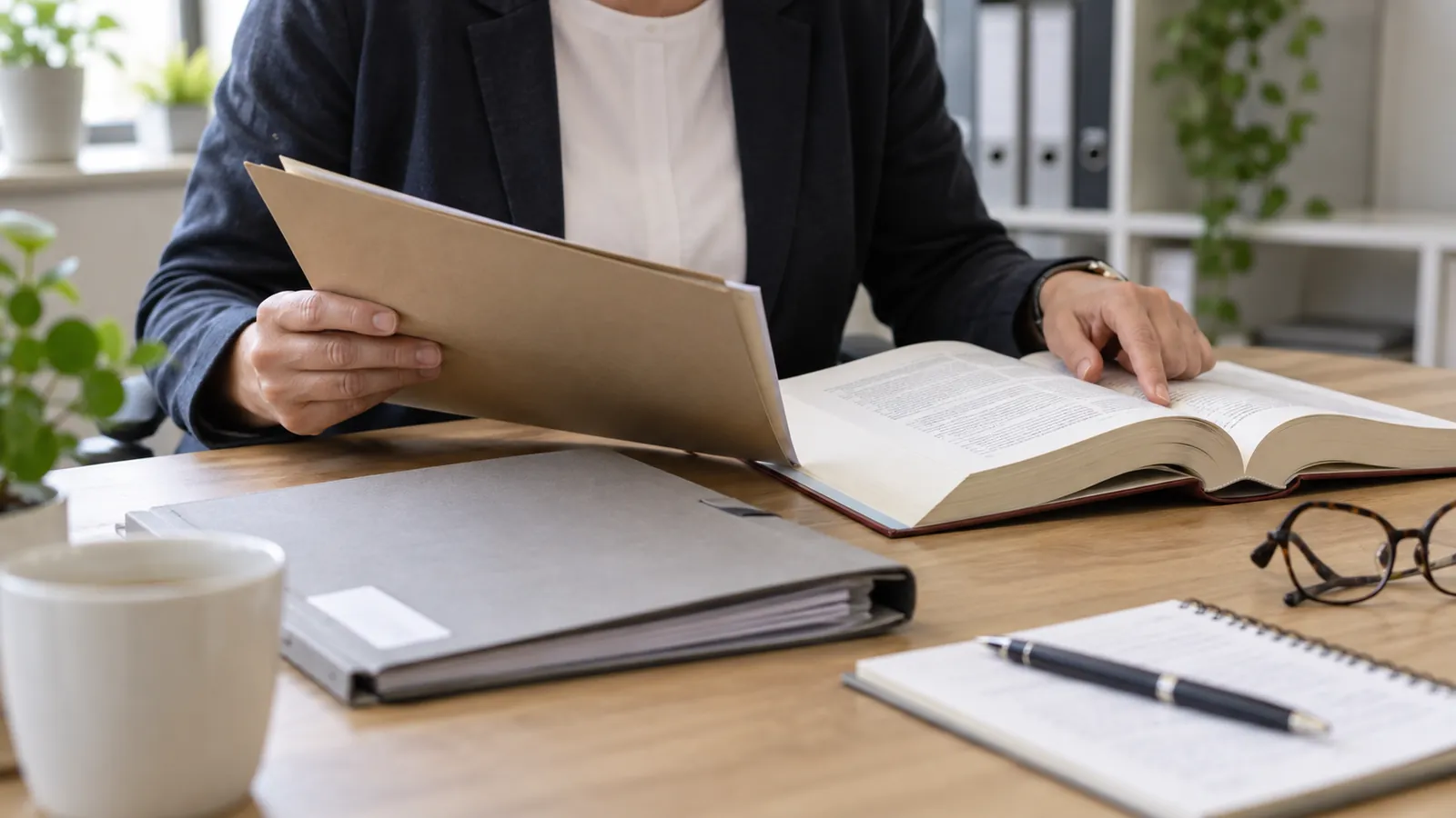 Personalunterlagen und aufgeschlagener Gesetzestext auf einem Schreibtisch