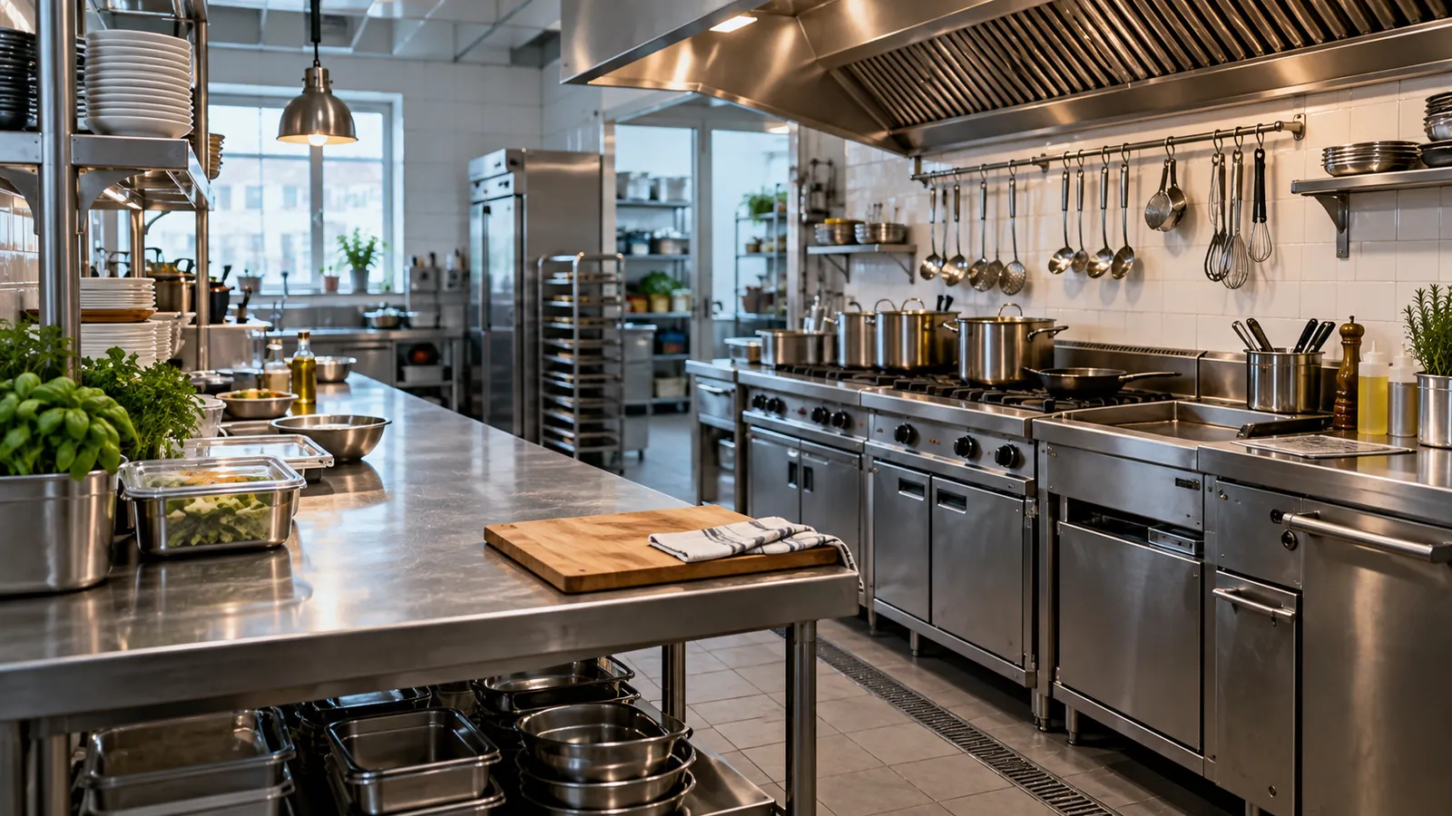 Professionelle Gastronomieküche mit Edelstahlflächen im Ruhezustand