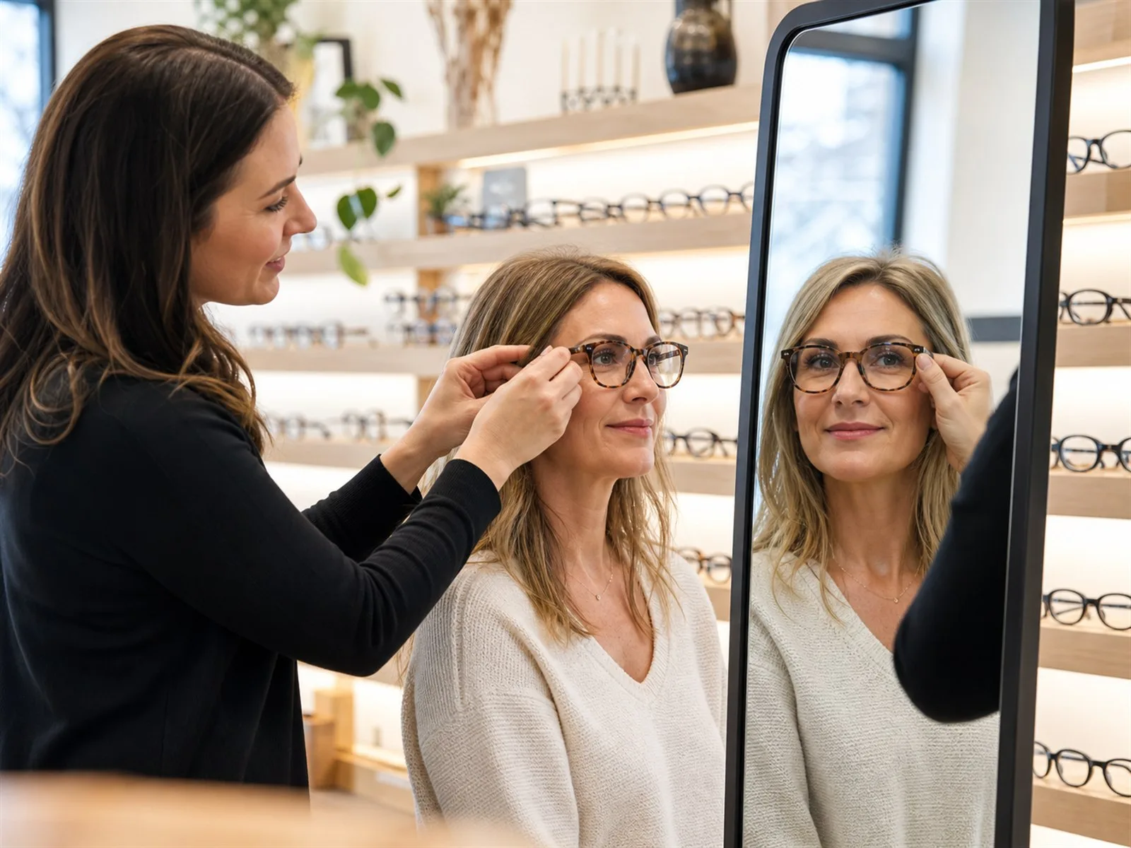 Brillenanprobe beim Optiker vor dem Spiegel