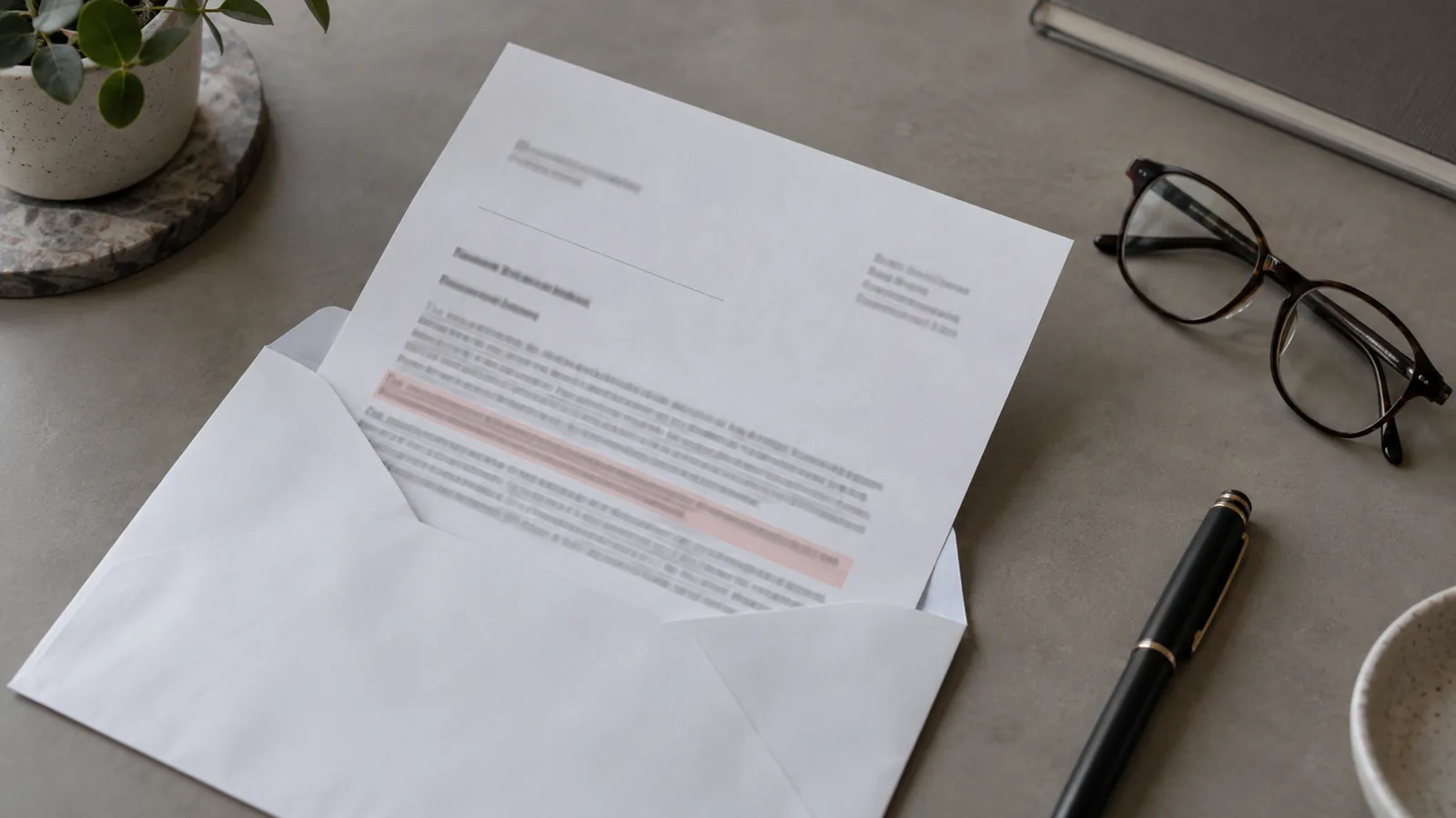 Geöffneter Brief mit markierter Textstelle auf einem Schreibtisch, daneben Brille und Stift