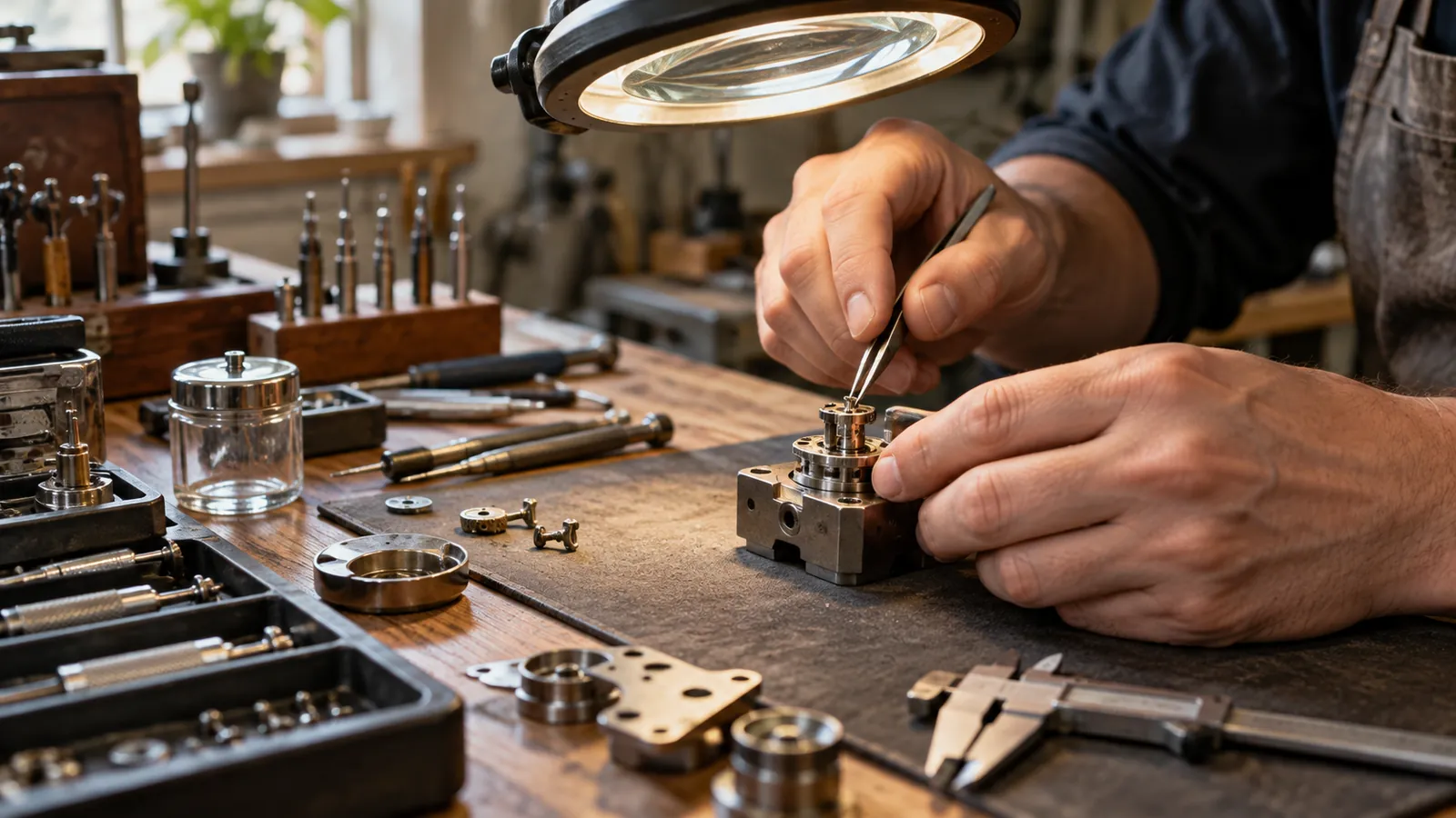 Handwerker bei feiner Montagearbeit an der Werkbank unter einer Lupenleuchte