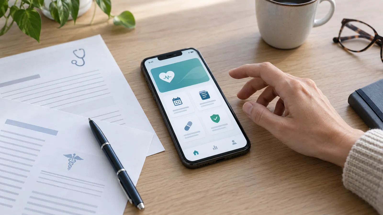 Smartphone mit Gesundheits-App neben Arztunterlagen auf einem Holztisch