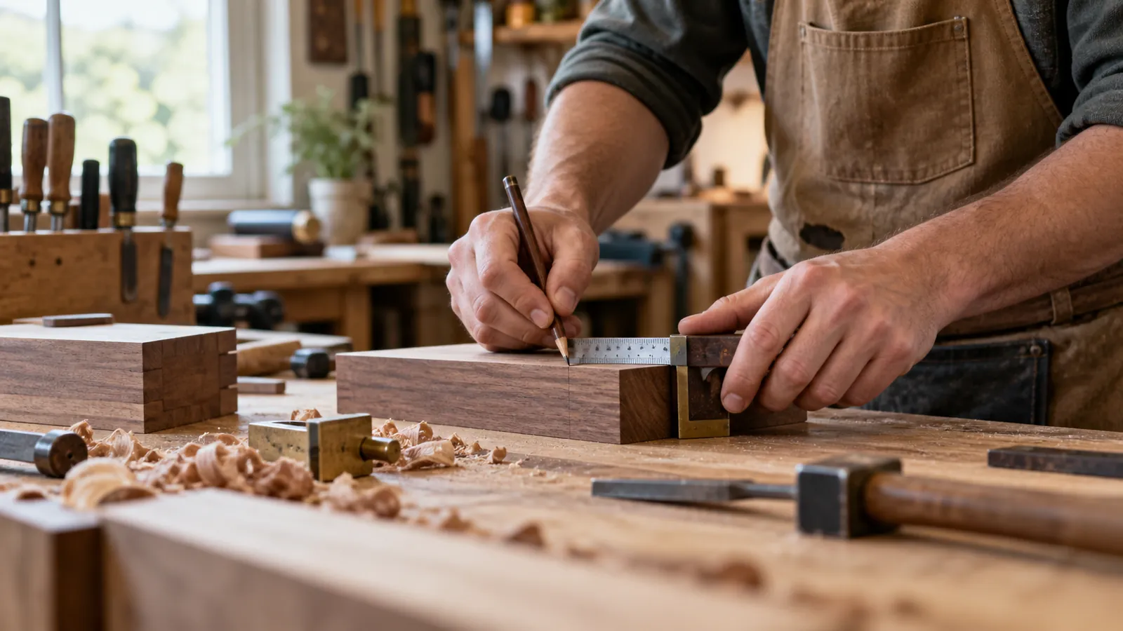 Tischler markiert ein Holzbrett mit Anschlagwinkel und Stift in der Werkstatt