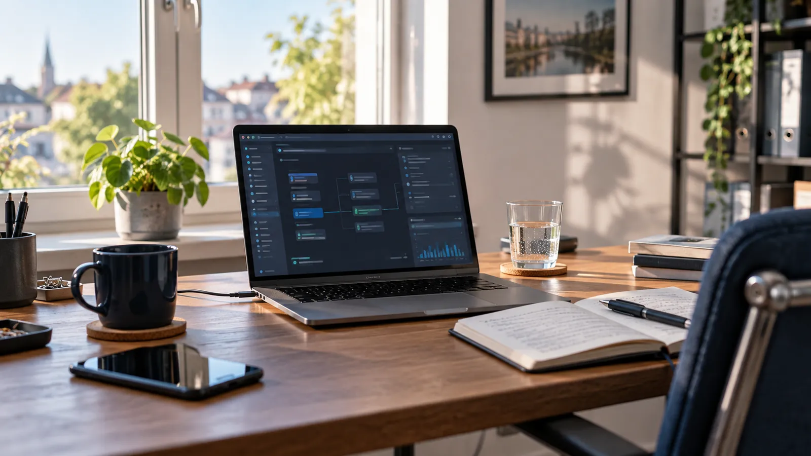 Aufgeräumter Schreibtisch mit Laptop, Notizbuch und Kaffeetasse am Fenster