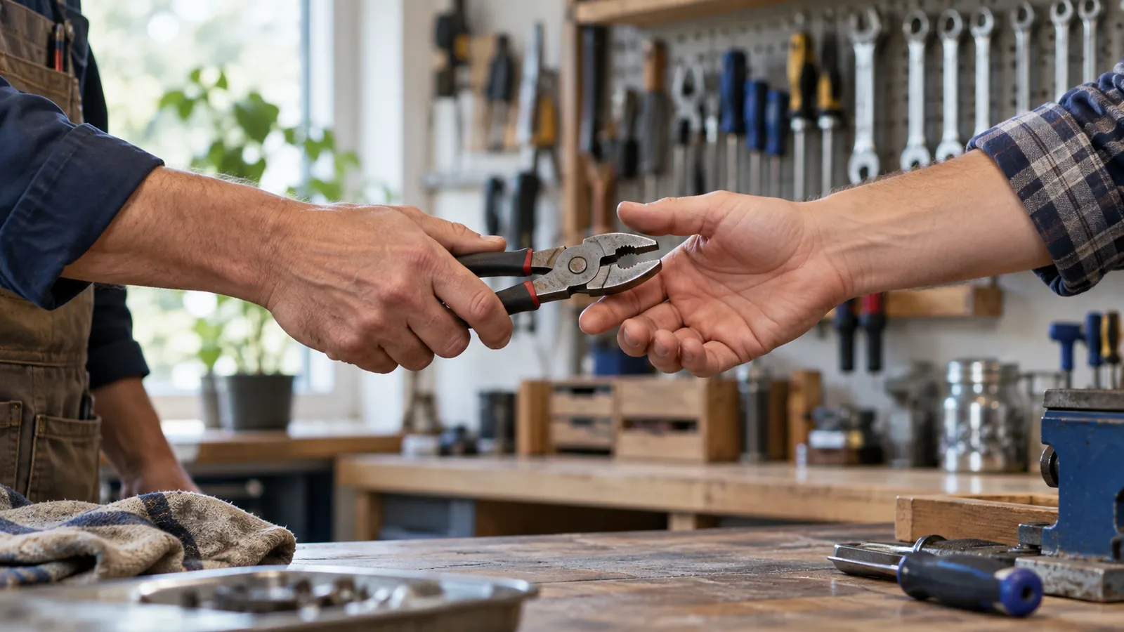 Zwei Handwerker übergeben sich eine Zange über eine Werkbank