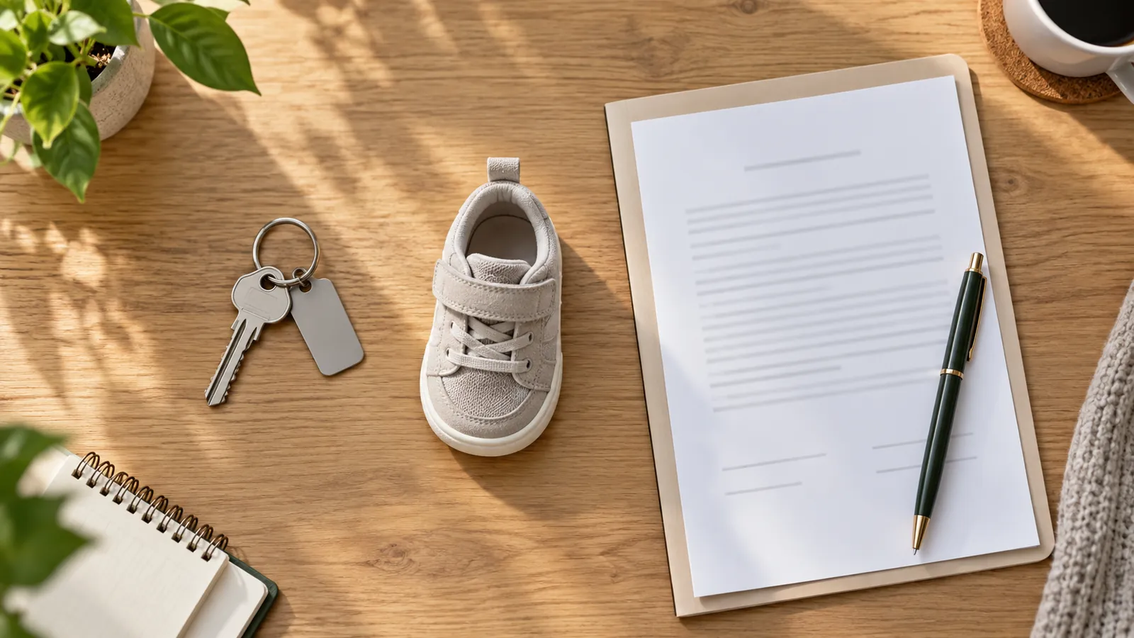 Wohnungsschlüssel, Kinderschuh und ein Vertrag nebeneinander auf einem Holztisch
