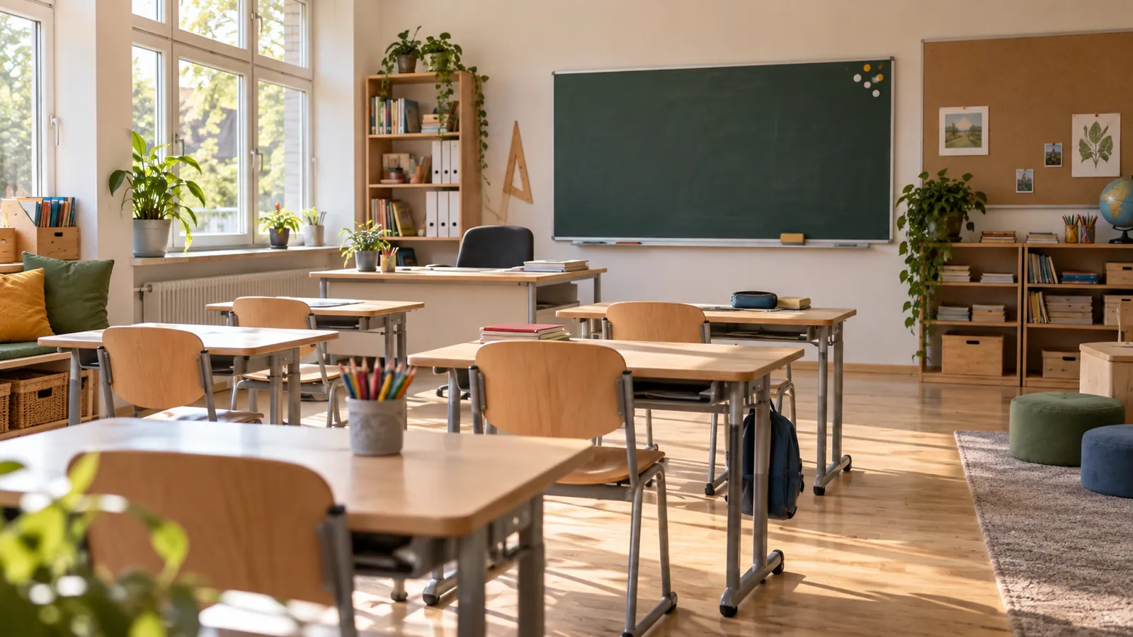 Leerer Klassenraum mit Tischen, Tafel und Pflanzen bei Tageslicht