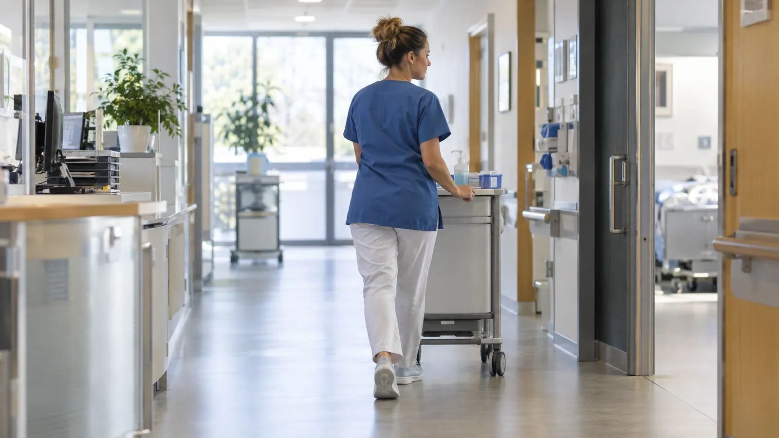 Pflegekraft schiebt einen Wagen durch einen Klinikflur