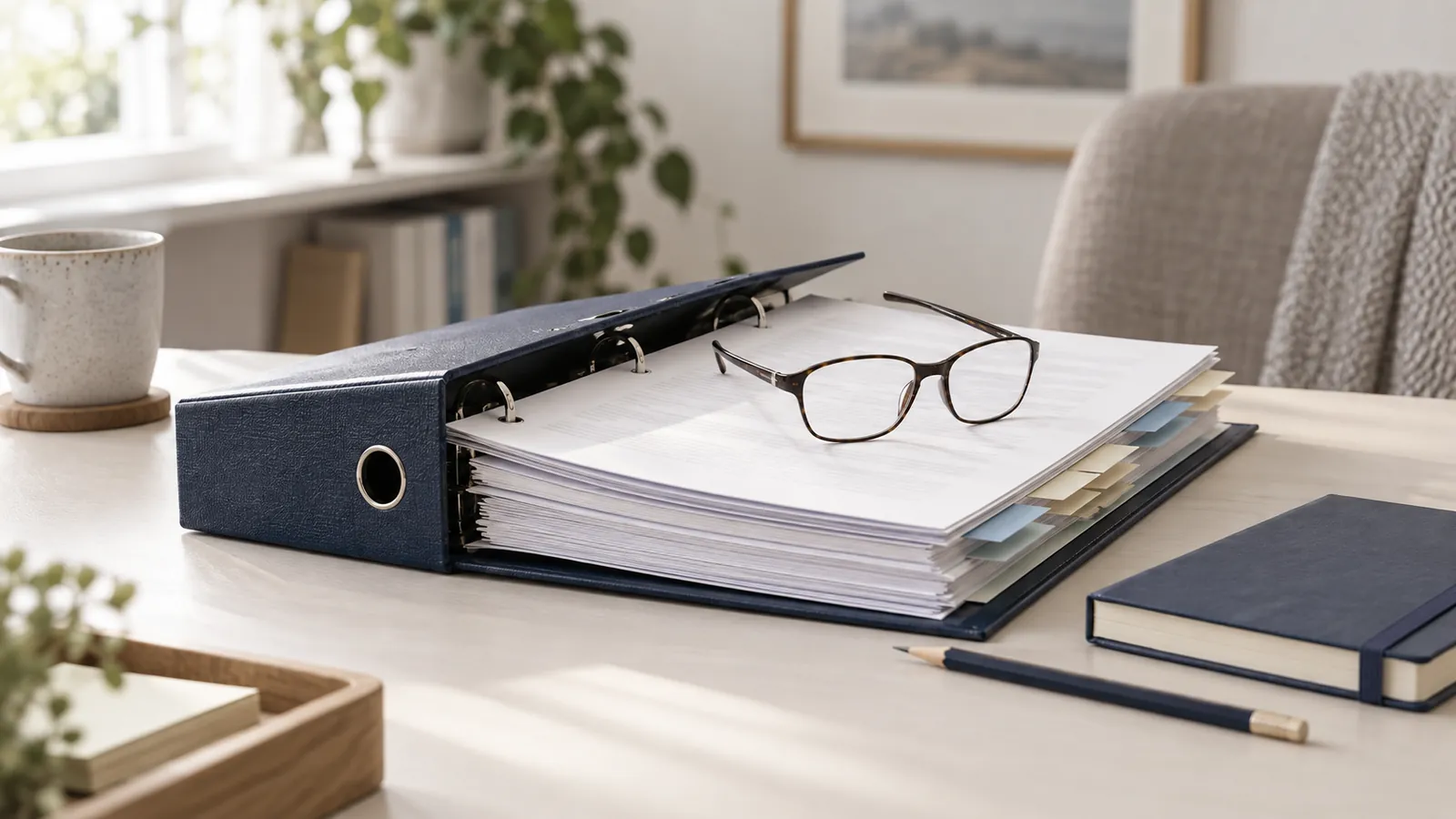 Geöffneter Aktenordner mit Registerkarten und einer Brille auf einem Schreibtisch
