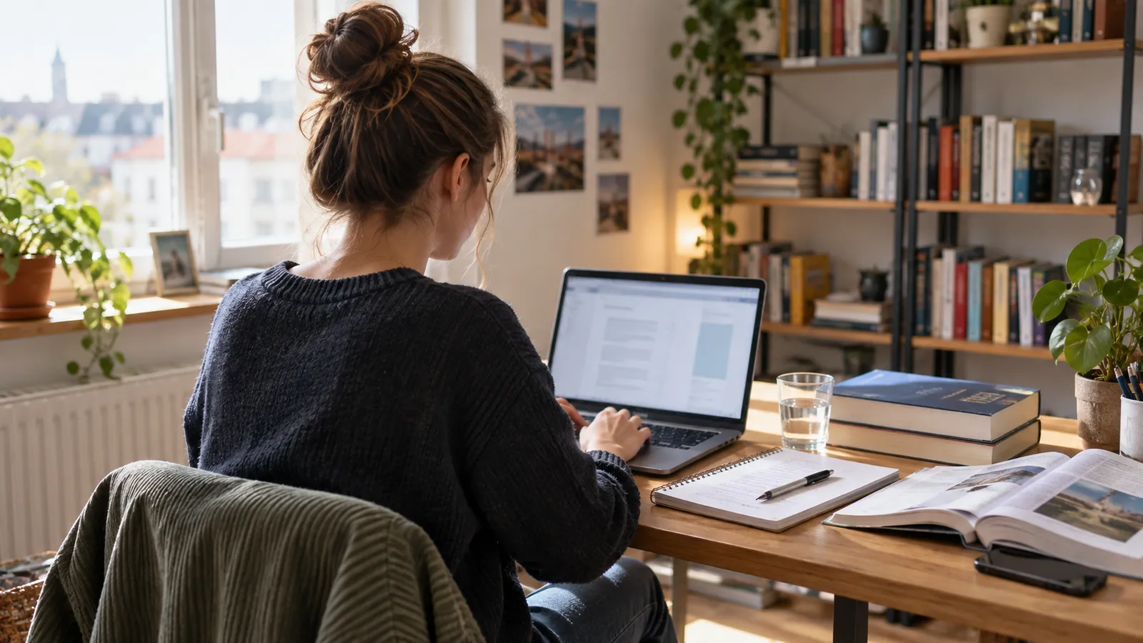 Studentin arbeitet am Laptop an ihrem Schreibtisch, von hinten aufgenommen