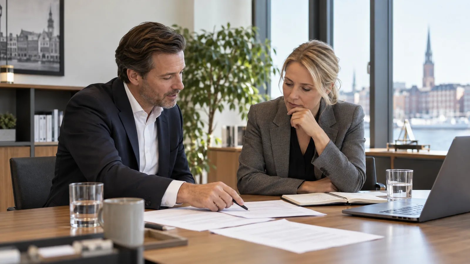 Zwei Personen der Geschäftsführung besprechen Unterlagen am Besprechungstisch