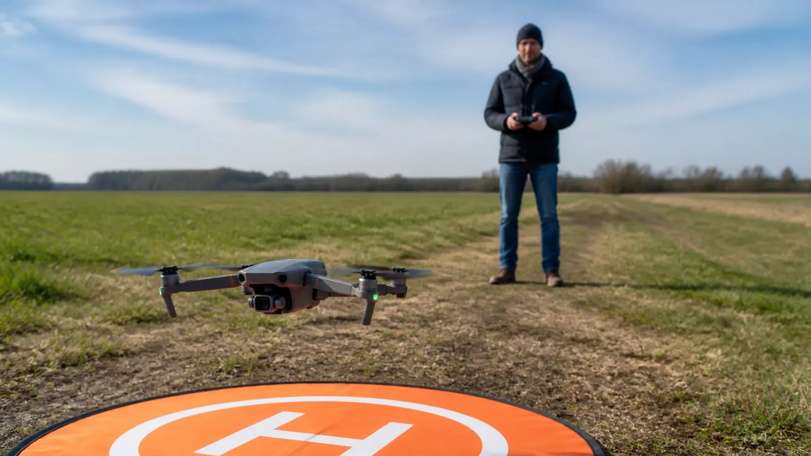 Drohne beim Start, Pilot mit Controller im Vordergrund