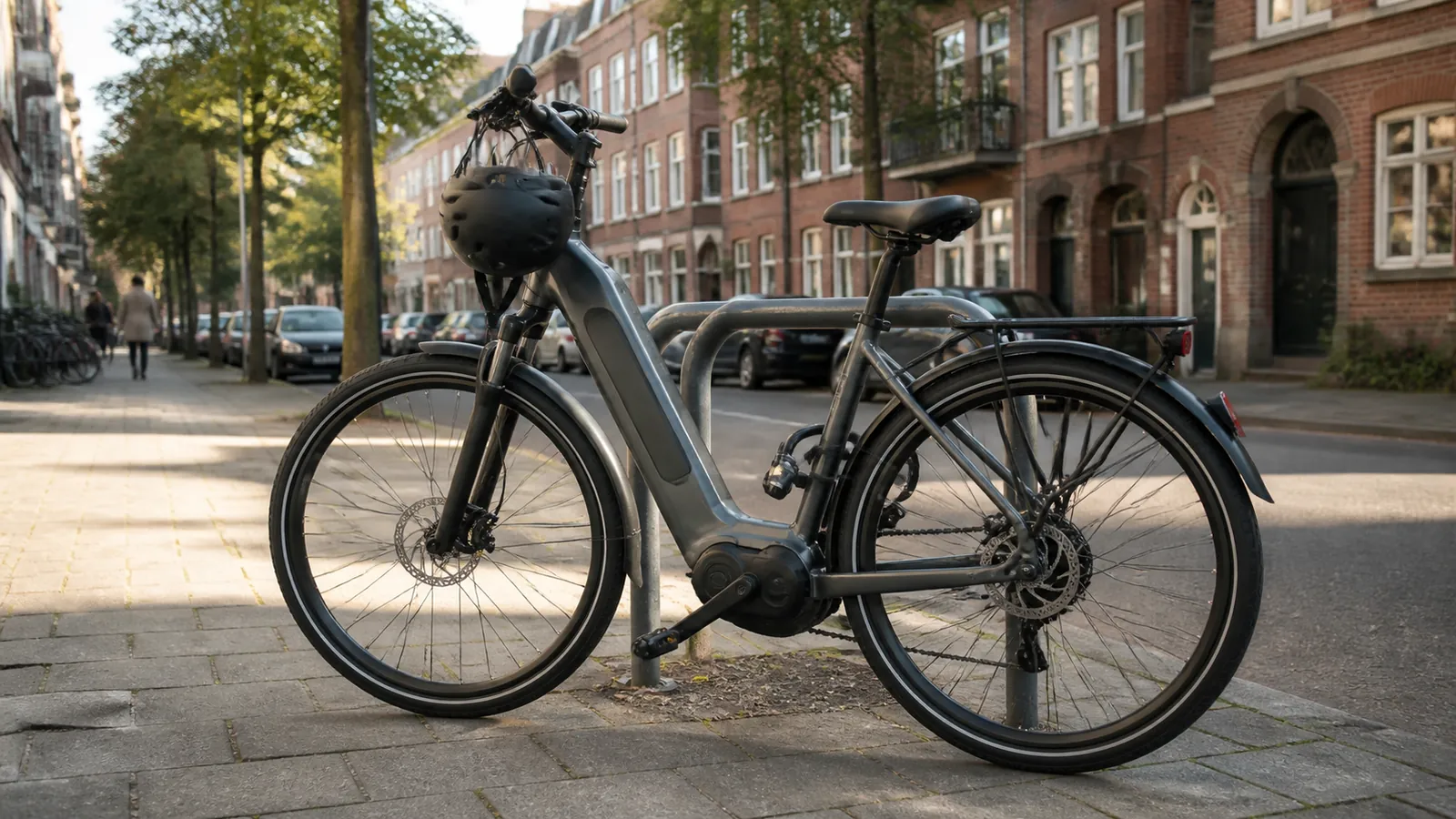 E-Bike im Alltag, abgestellt und abgeschlossen in der Stadt