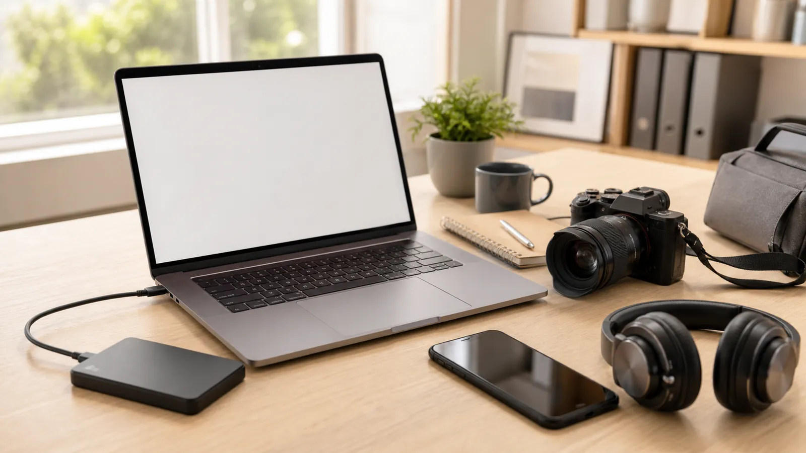 Laptop, Kamera und Smartphone auf einem Arbeitstisch