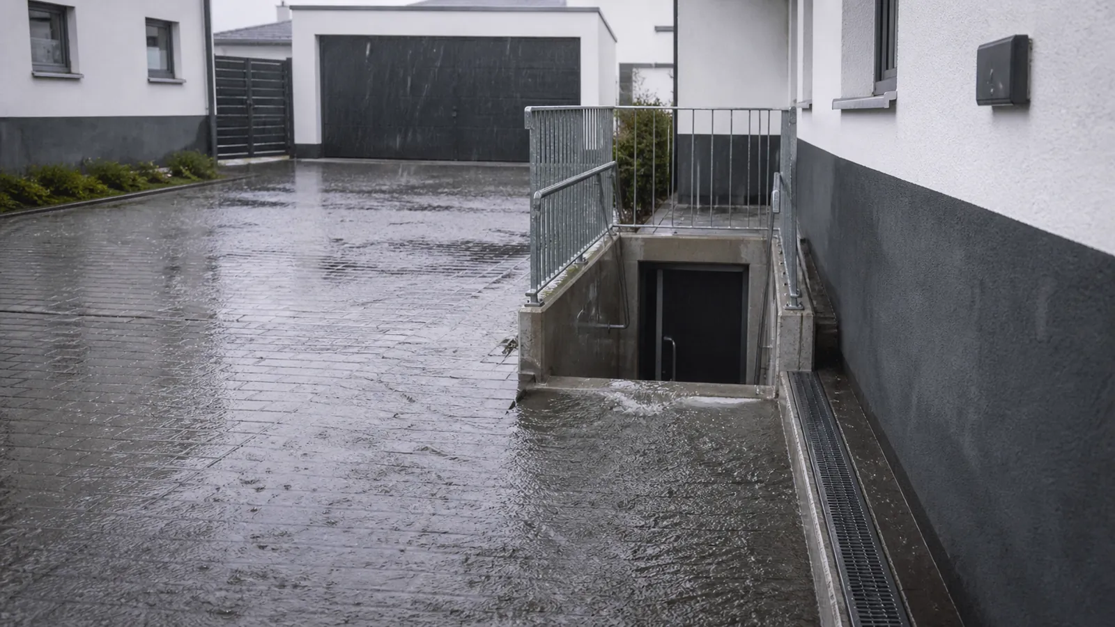 Regen auf Pflaster, Wasser am Kellereingang