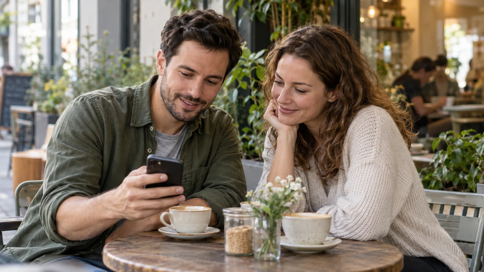 Freunde im Café, einer zeigt dem anderen etwas auf dem Handy