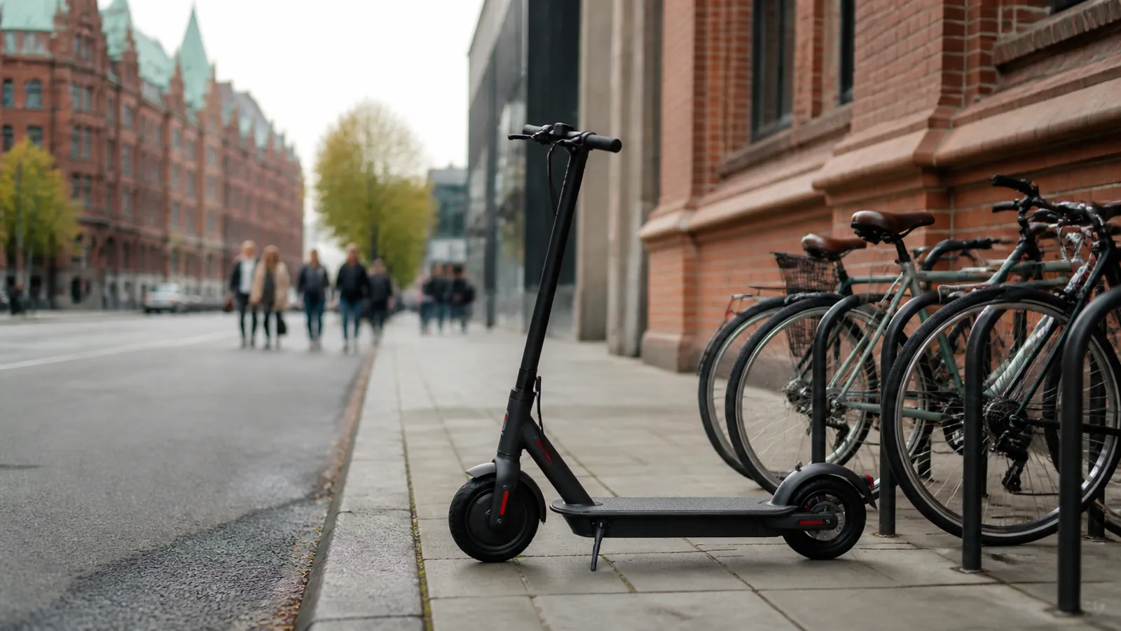 E-Scooter am Stra&szlig;enrand in der Stadt