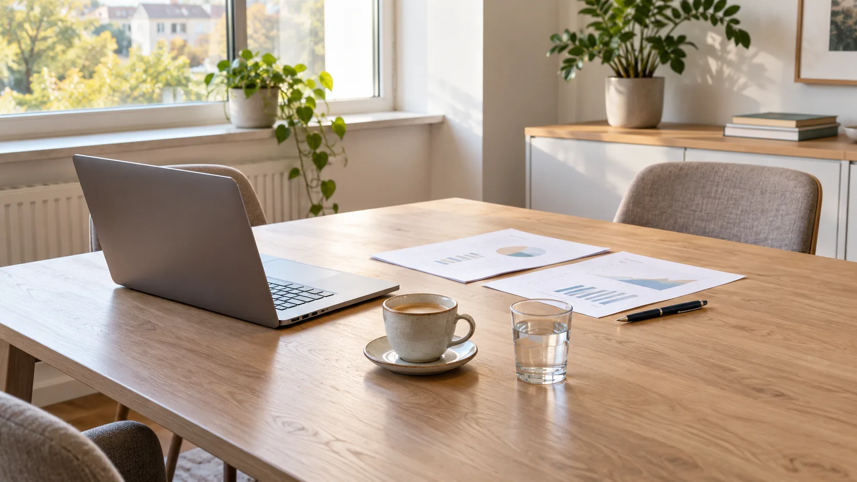 Aufgeräumter Beratungstisch mit Laptop, Unterlagen und Kaffee