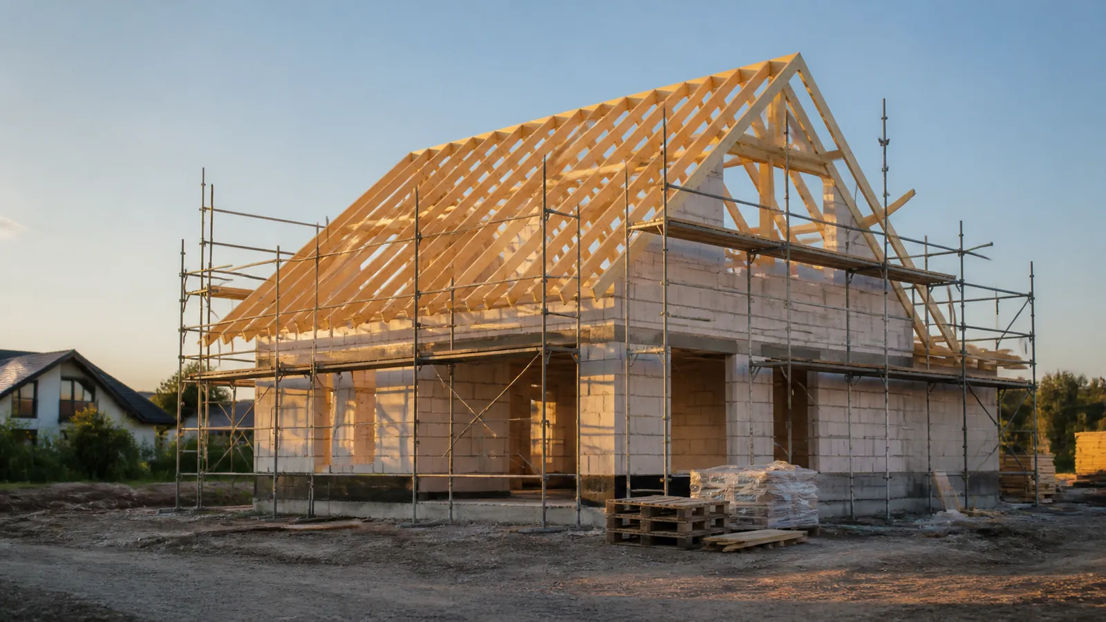 Rohbau in der Abendsonne, Dachstuhl sichtbar