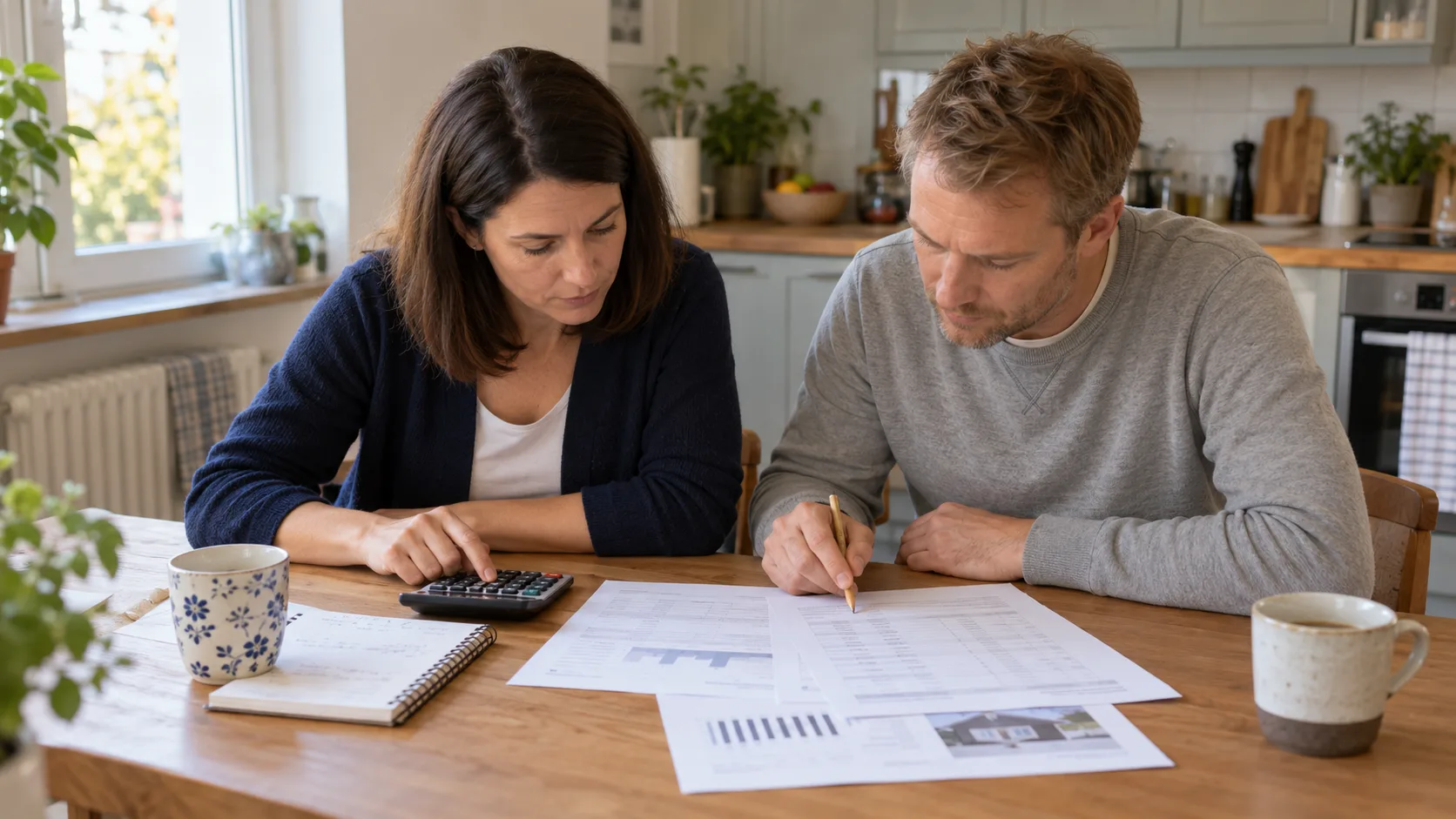 Paar rechnet am Küchentisch die Finanzierung durch