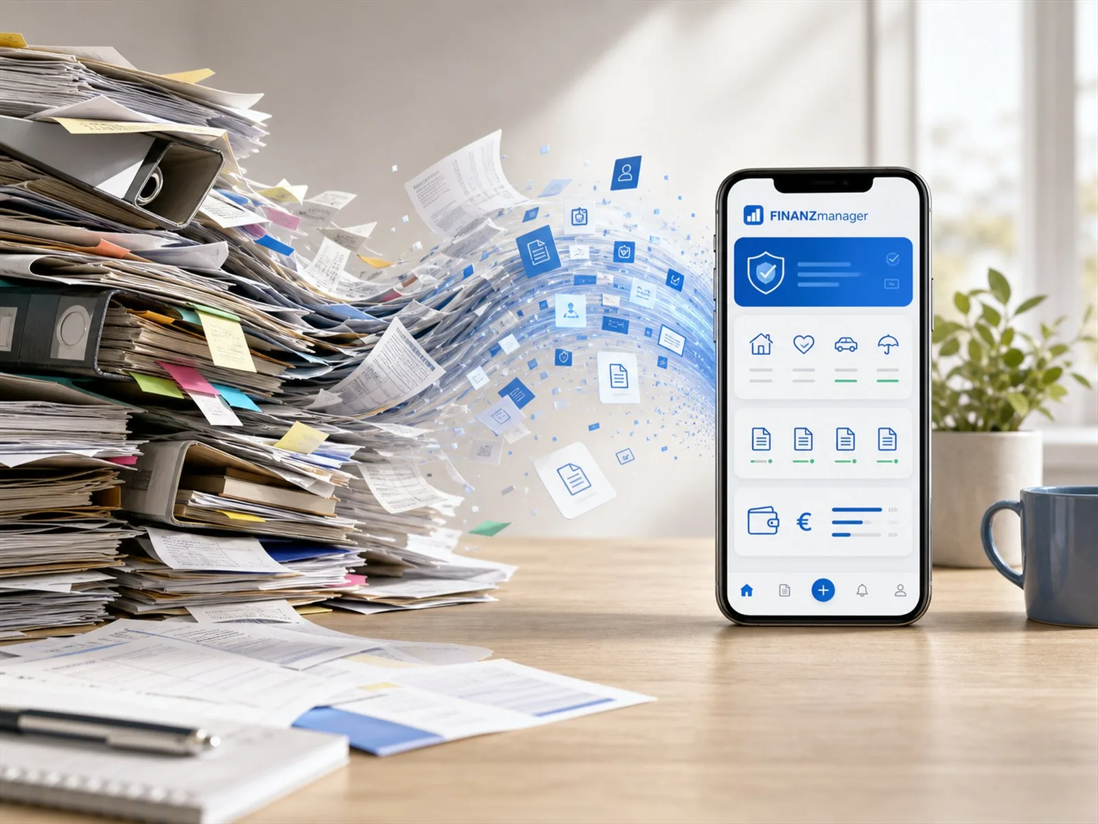Papierstapel mit Versicherungsunterlagen, daneben der FINANZmanager auf dem Smartphone