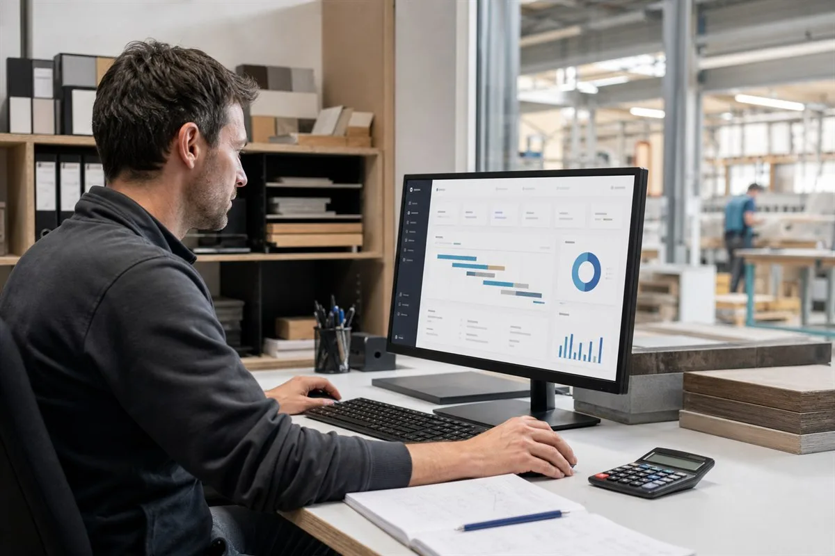 Arbeitsplatz mit Rechner und Auftragsplanung in einem Handwerksbetrieb
