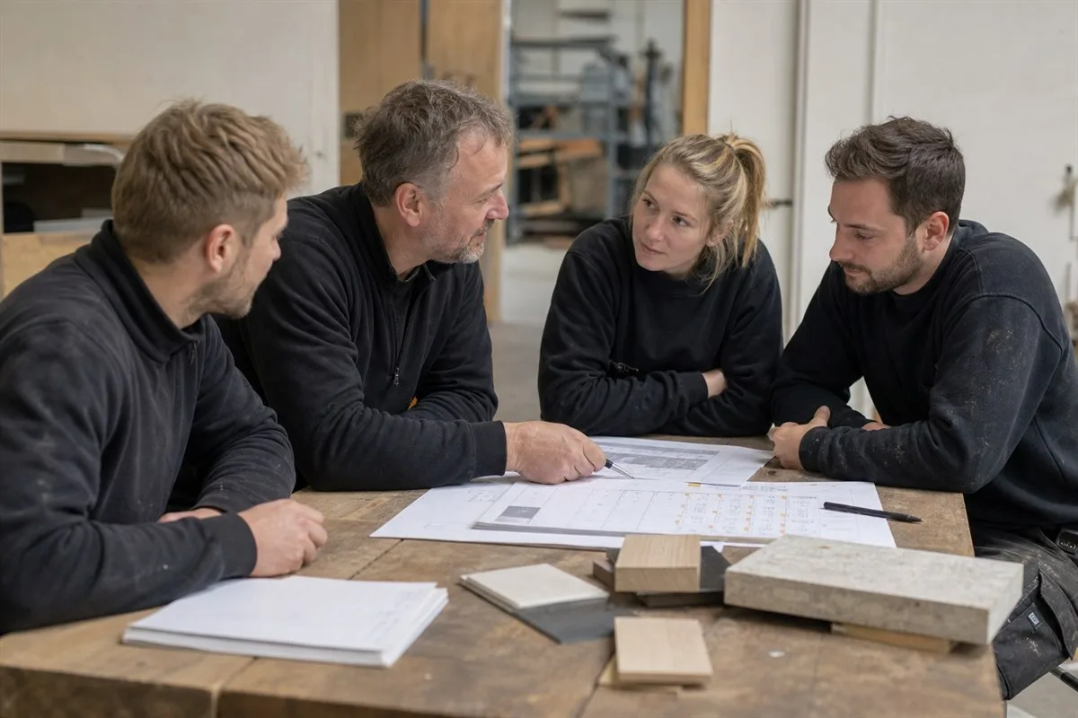 Besprechung mit Mitarbeitenden am Werkstatttisch