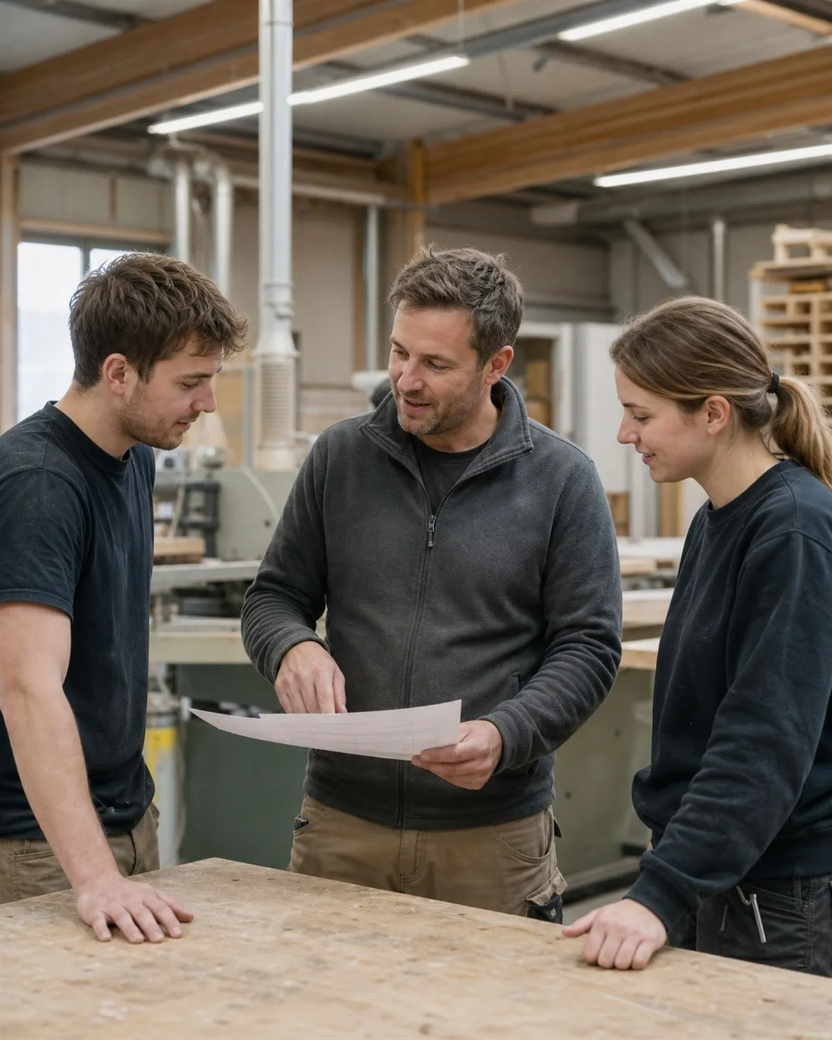 Inhaber und Team in der Werkstatt bei der Auftragsbesprechung