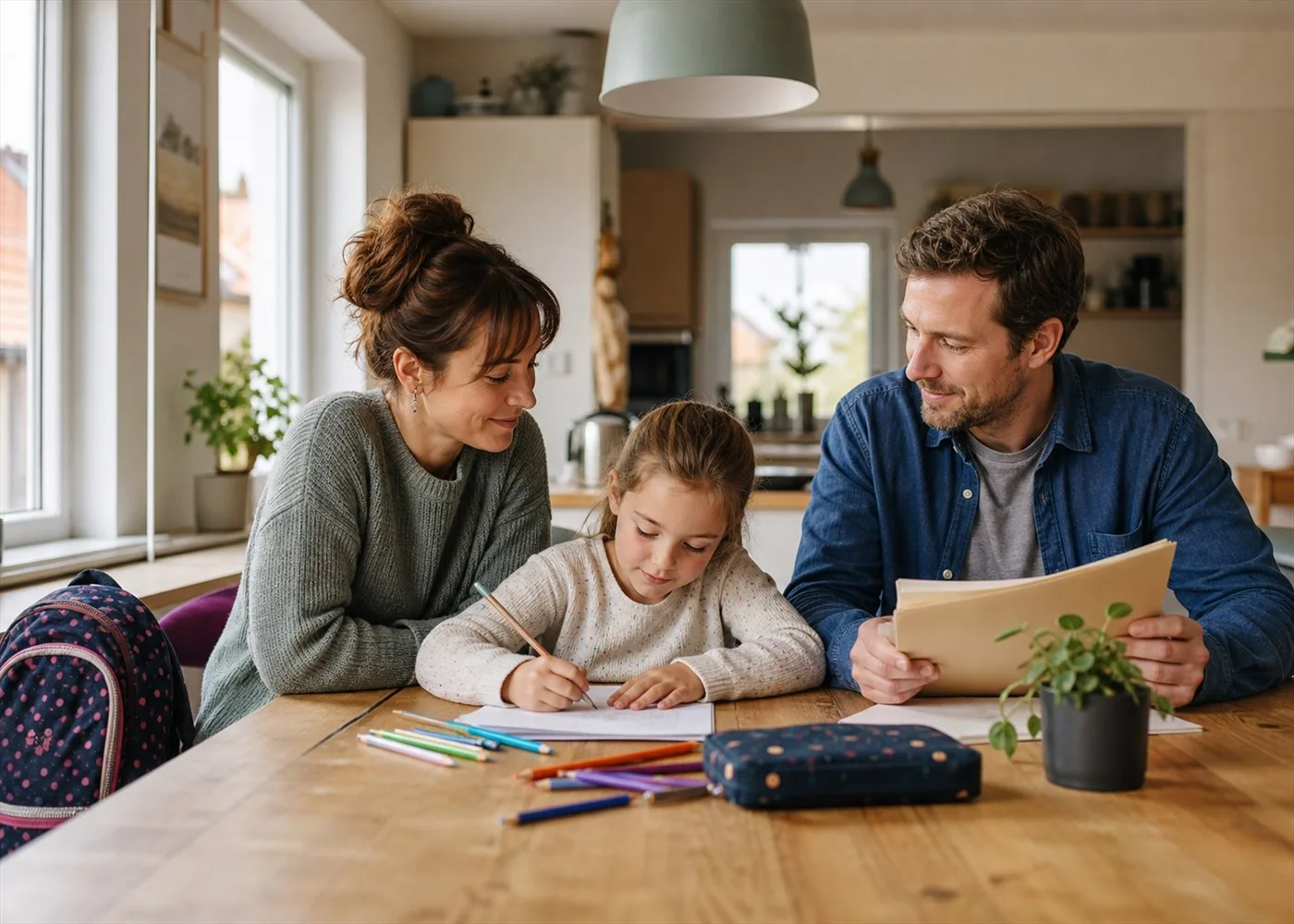 Eltern und Grundschulkind am Küchentisch bei den Hausaufgaben