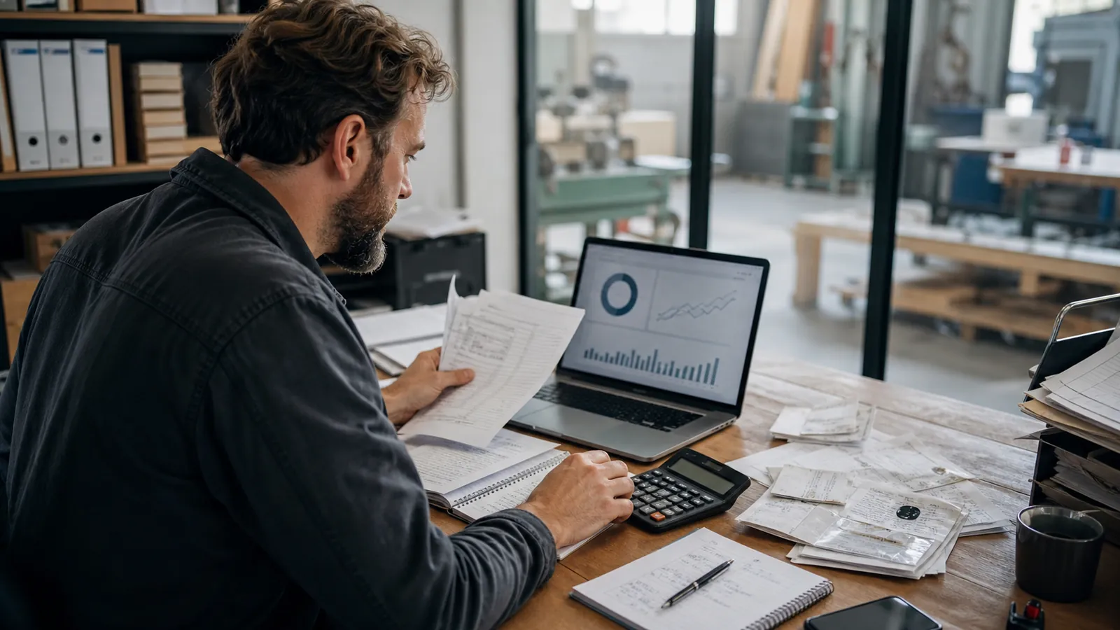 Arbeitsplatz mit Laptop und Belegen, Büro