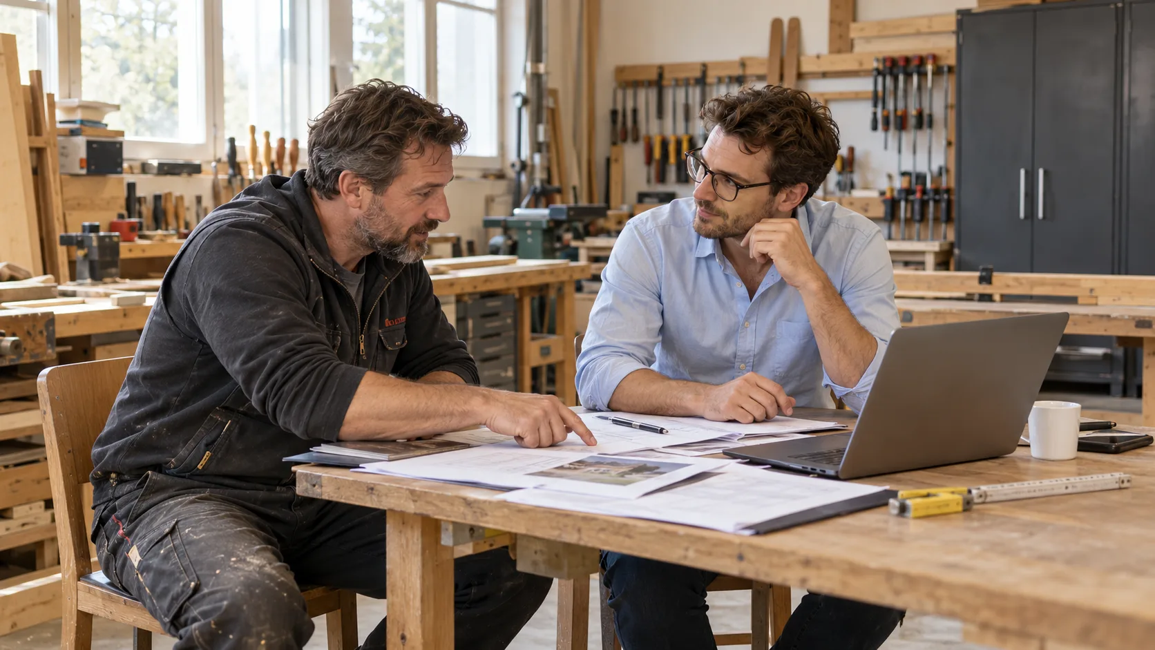 Beratungsgespräch mit einem Handwerksmeister in seiner Werkstatt