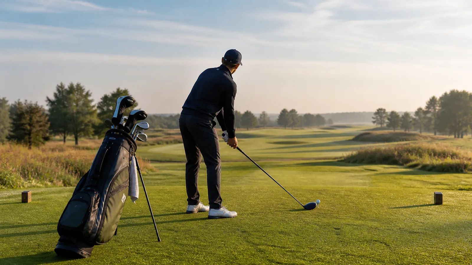Golfbag am Abschlag, Fairway und Grün im Hintergrund