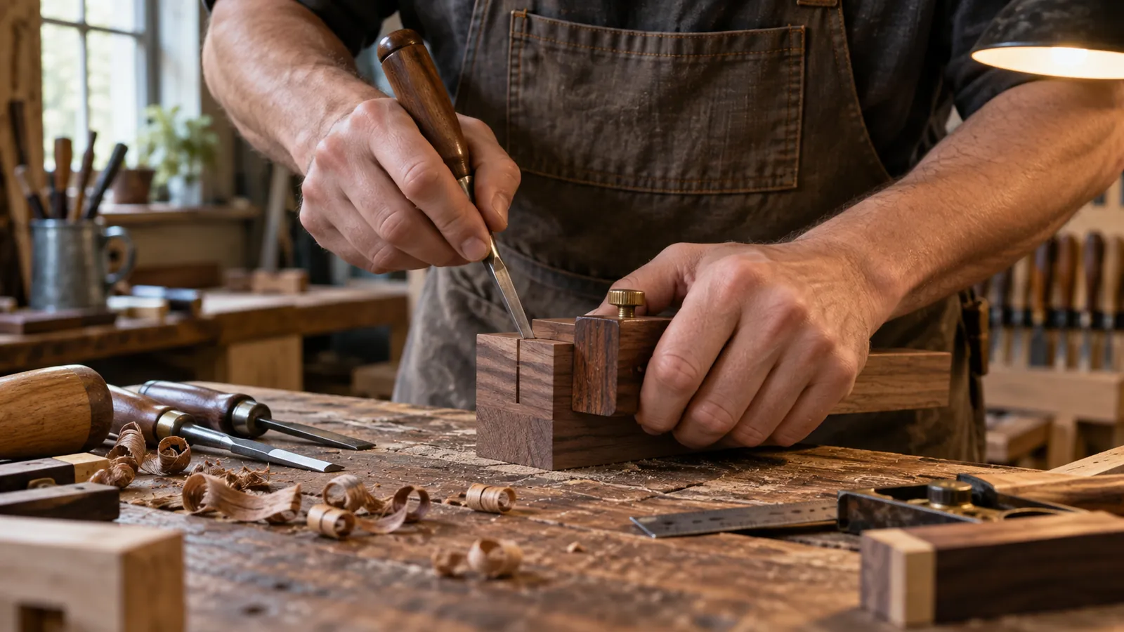 Tischler arbeitet mit dem Stechbeitel an einer Holzverbindung