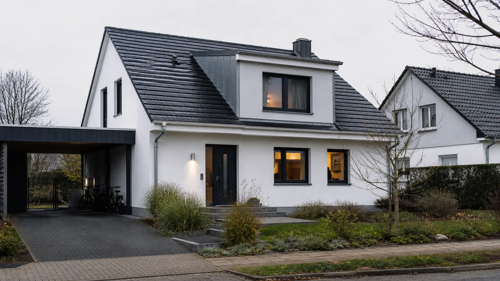 Einfamilienhaus mit Vorgarten, ruhiges Licht