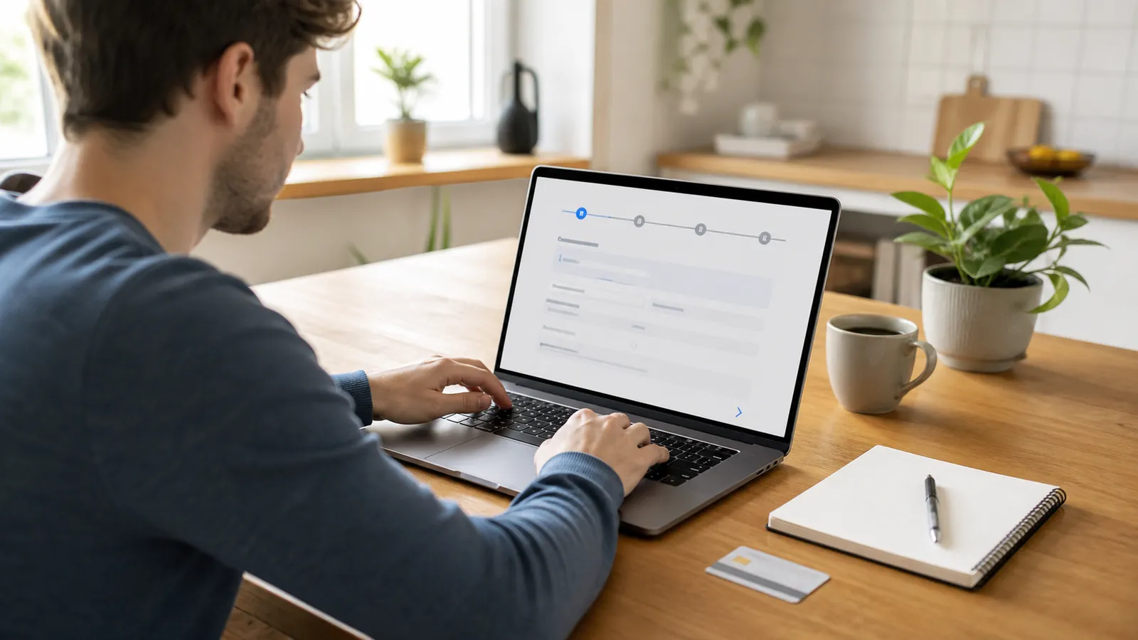 Person füllt am Laptop einen Antrag aus, Versichertenkarte daneben