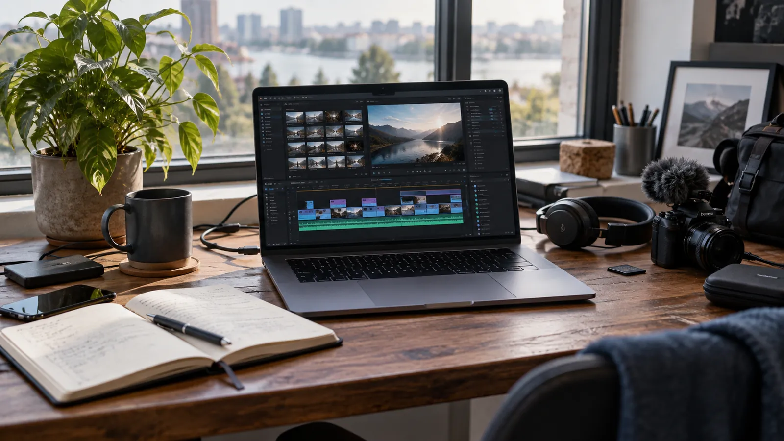 Laptop mit Videoschnitt-Software auf einem Schreibtisch mit Kamera und Kopfhörern