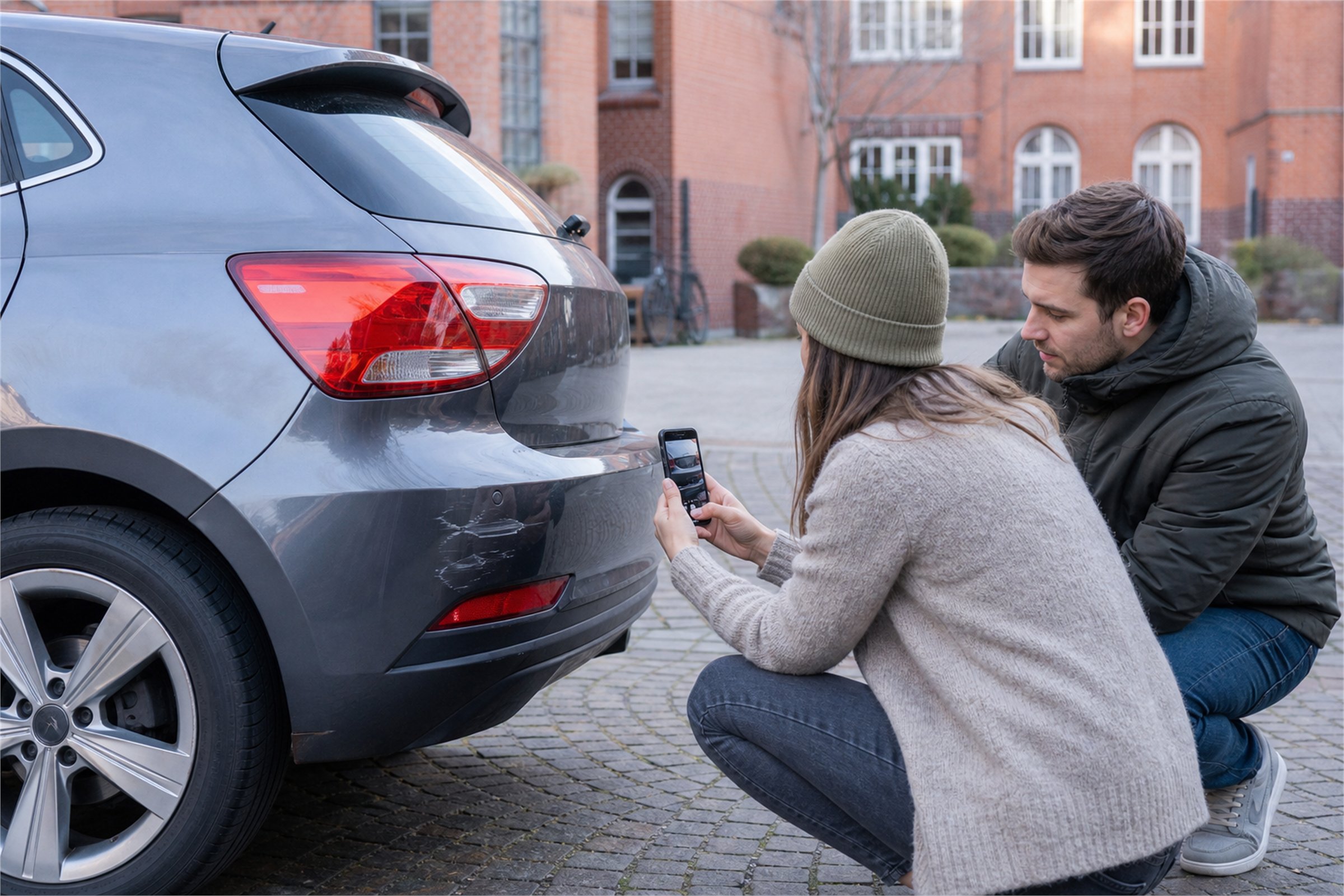 Zwei Personen dokumentieren einen Schaden am Fahrzeugheck mit dem Smartphone