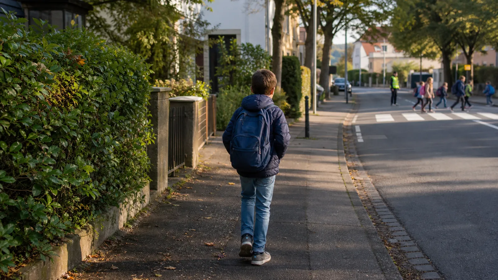 Kind auf dem Schulweg, Rucksack, Morgenlicht