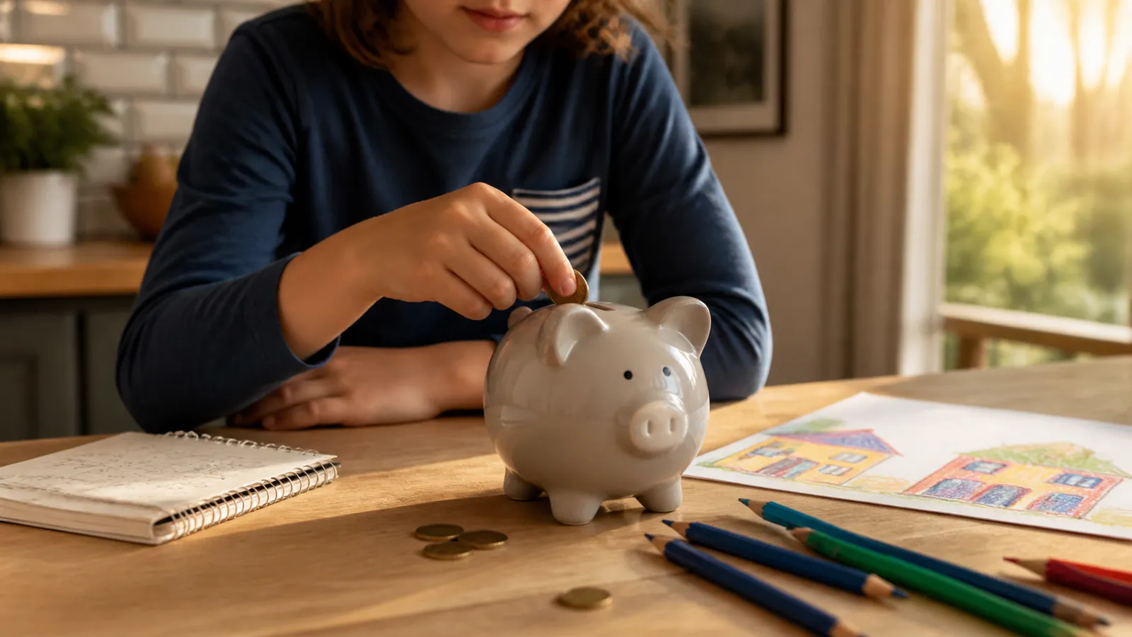 Kinderh&auml;nde und Sparschwein, warmes Licht