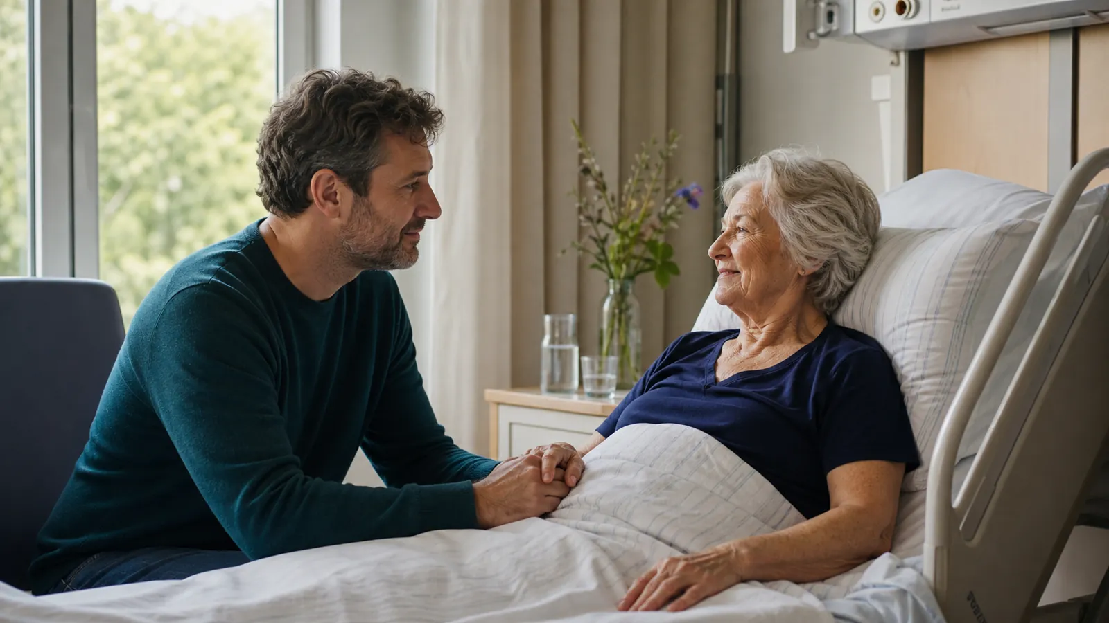 Angeh&ouml;rige am Krankenbett, ruhige Szene