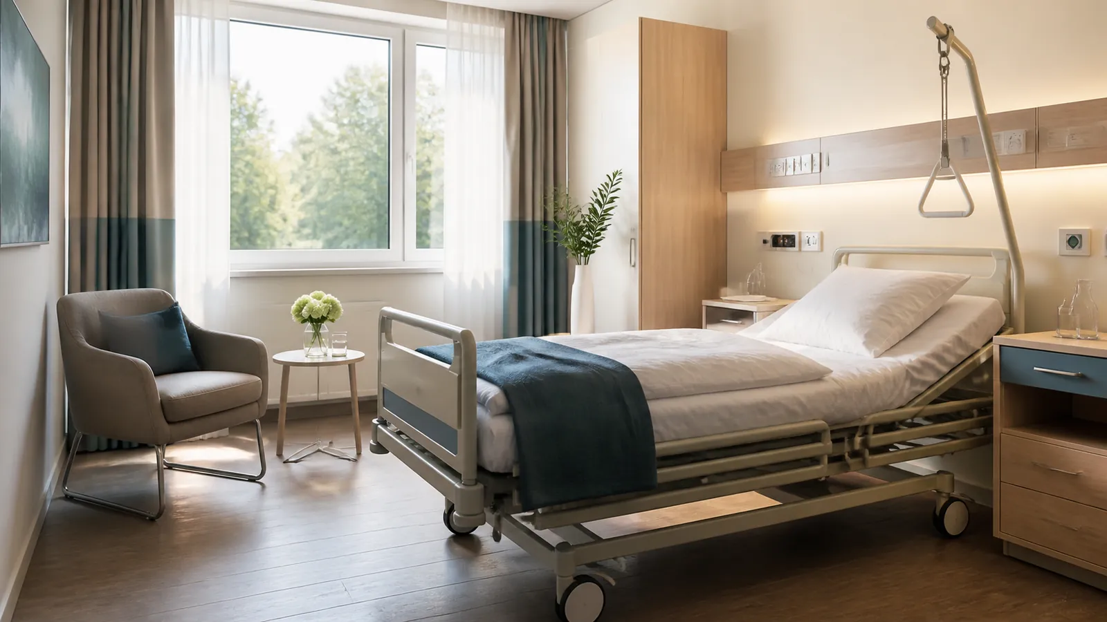 Freundliches Krankenzimmer, Tageslicht, ruhige Situation