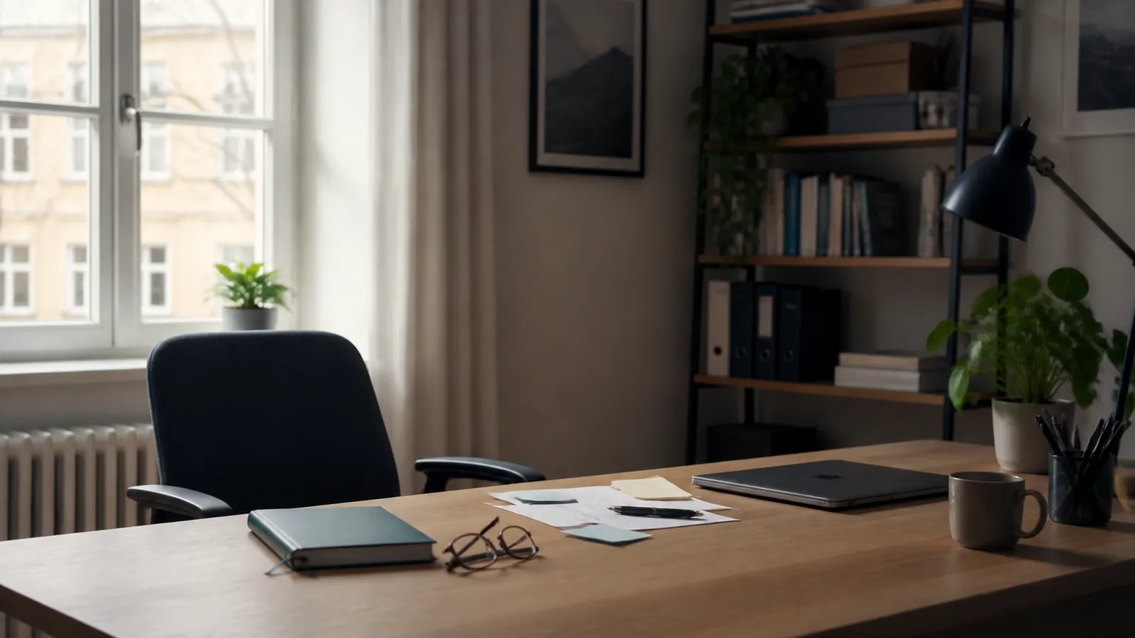 Leerer Arbeitsplatz, Notizen, ruhiges Licht