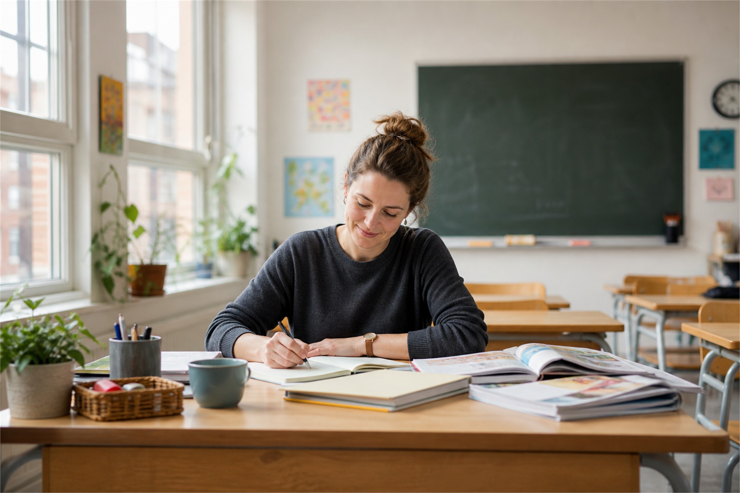 Lehrkraft am Pult im Klassenzimmer