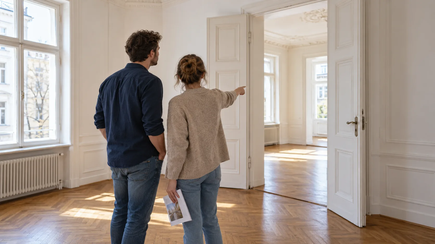 Paar besichtigt eine helle Altbauwohnung