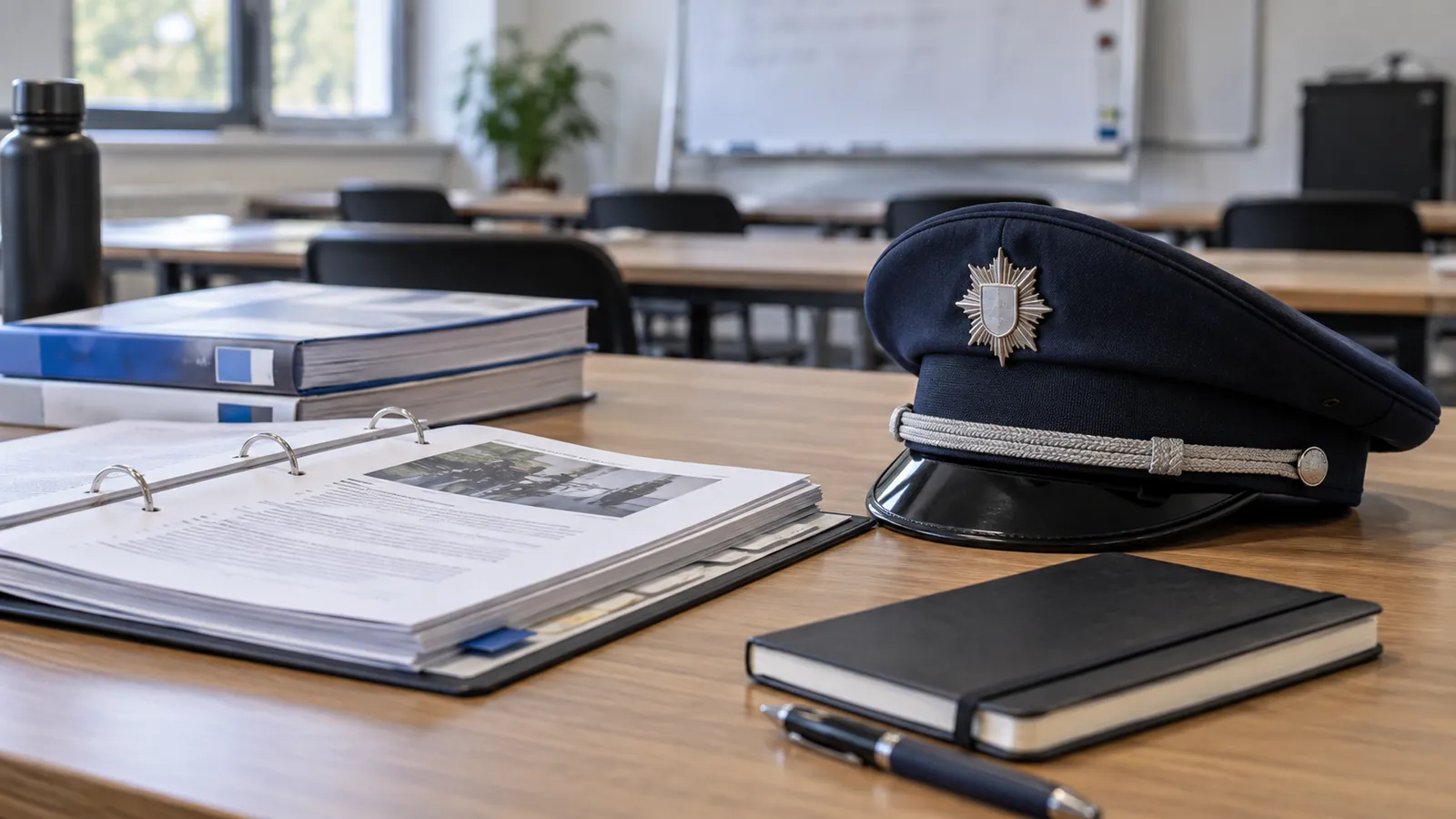Ausbildungsordner und Dienstmütze auf einem Tisch im Seminarraum